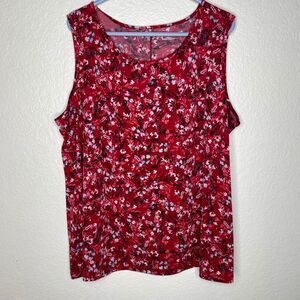 Catherines red floral slinky tank top round neck stretch picnic career girly 1x